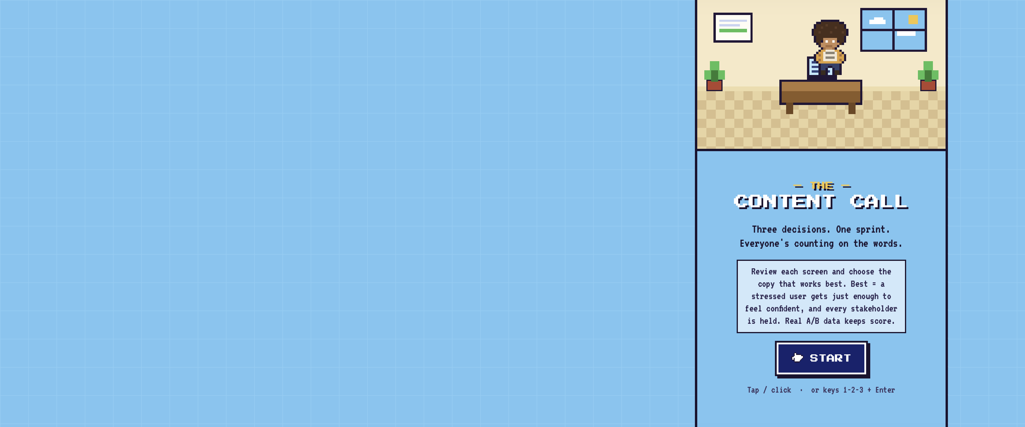 Pixel-art scene of a writer working at a desk, beside the title screen of The Content Call game with a START button