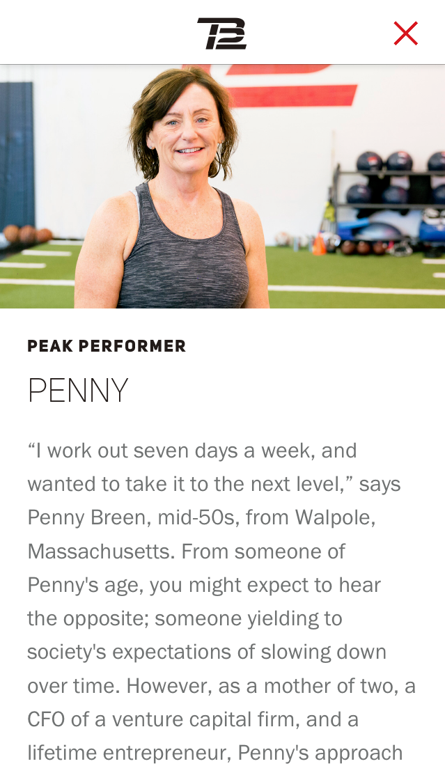 Peak Performer client profile of Penny, in the TB12 app