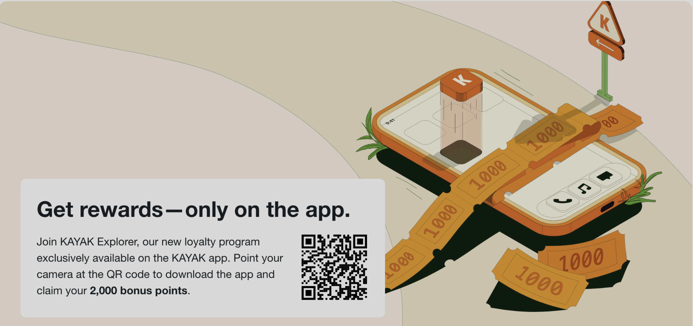 Get rewards — only on the app. KAYAK Explorer loyalty banner with QR code and 2,000 bonus points offer