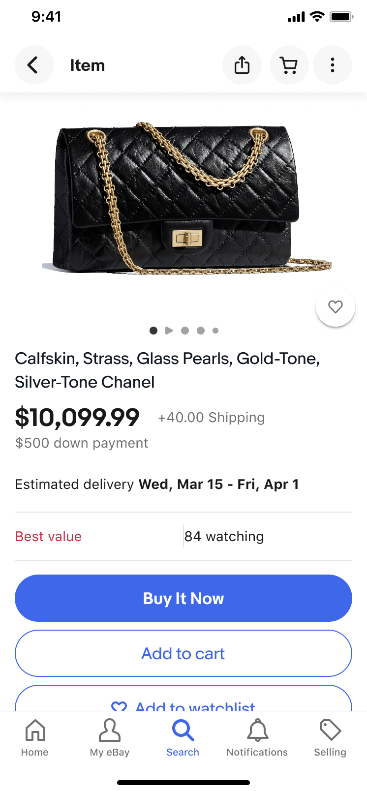 eBay item screen for a high-ASP Chanel handbag: $10,099.99 with a $500 down payment and Buy It Now