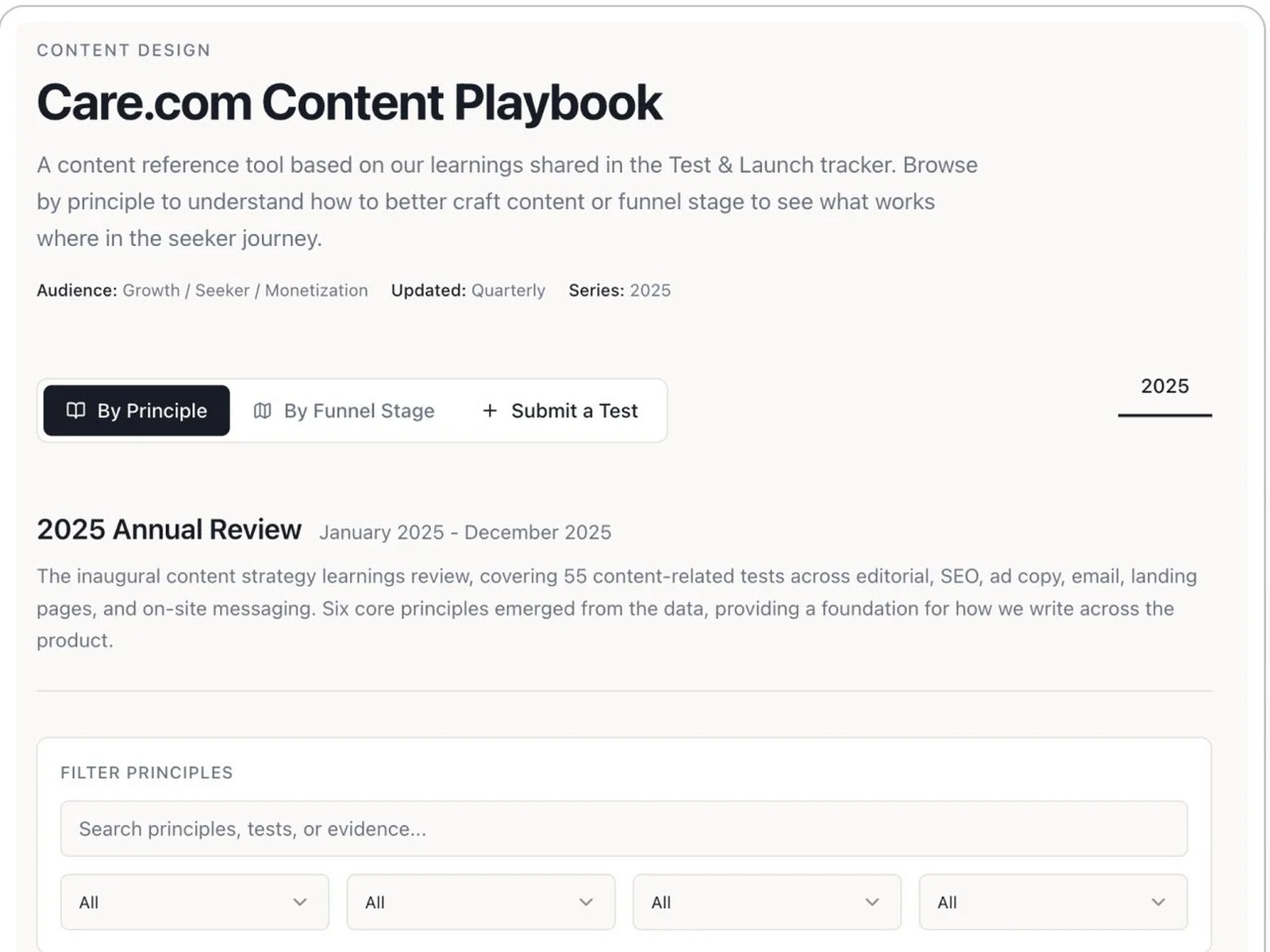 The Care.com internal tool's principle library view