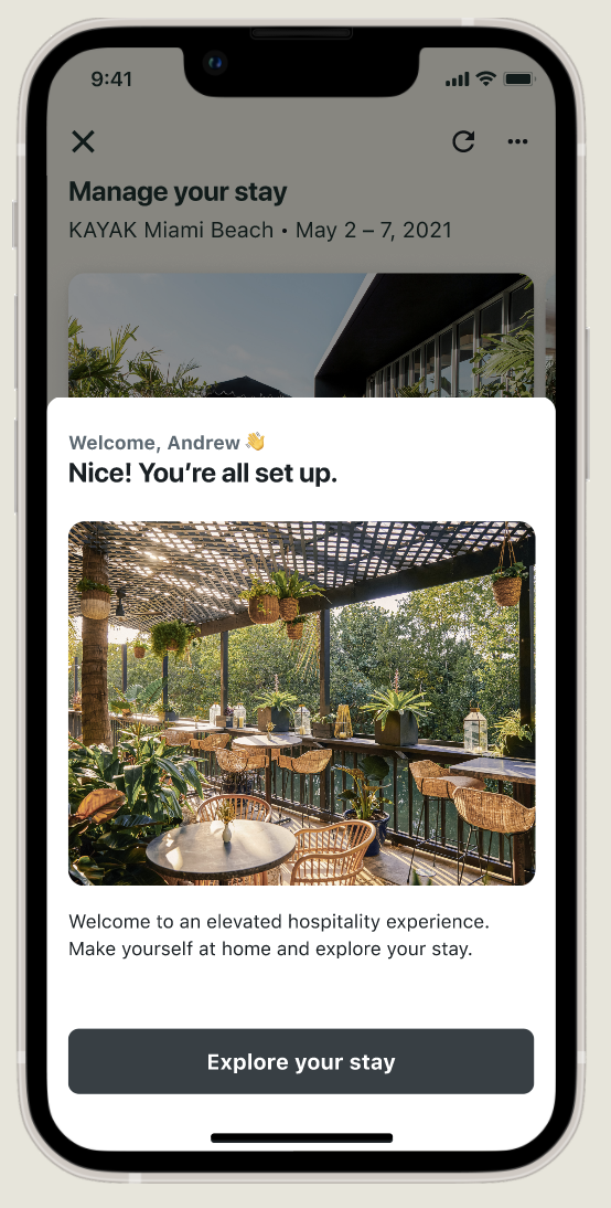 Manage your stay app — 'Nice! You're all set up.' onboarding screen